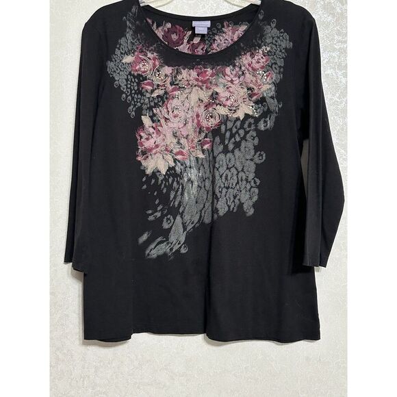 Laura Scott Black 3/4 Sleeve Stretch Shirt Studded Embroidered Floral Print L‎ - Picture 1 of 6